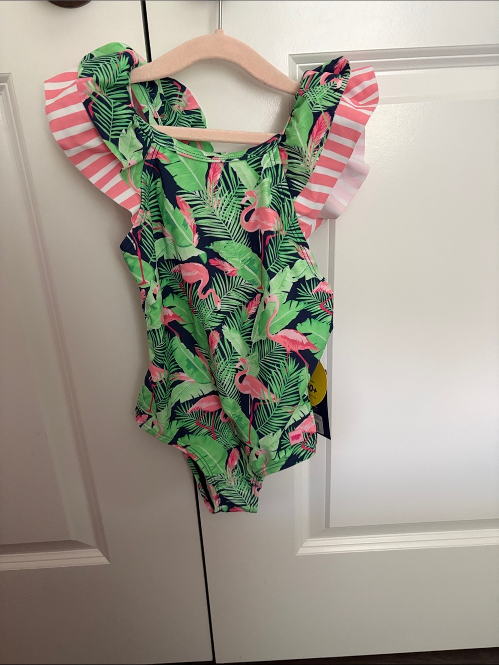 Ruffle Butts Green & Pink Flamingo One-Piece Swimsuit